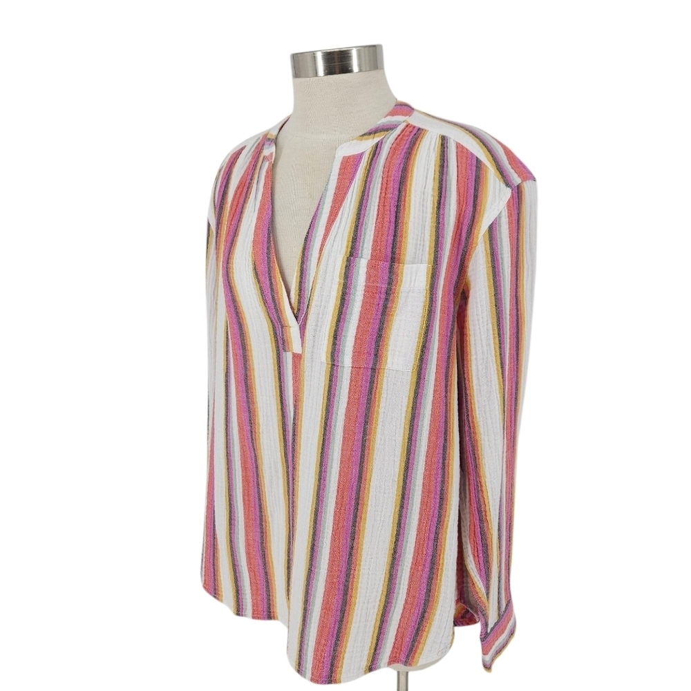 GAP Popover Shirt Multicolor Stripe Gauze Long Sleeve VNeck Relaxed Beach Top XL - Picture 4 of 8